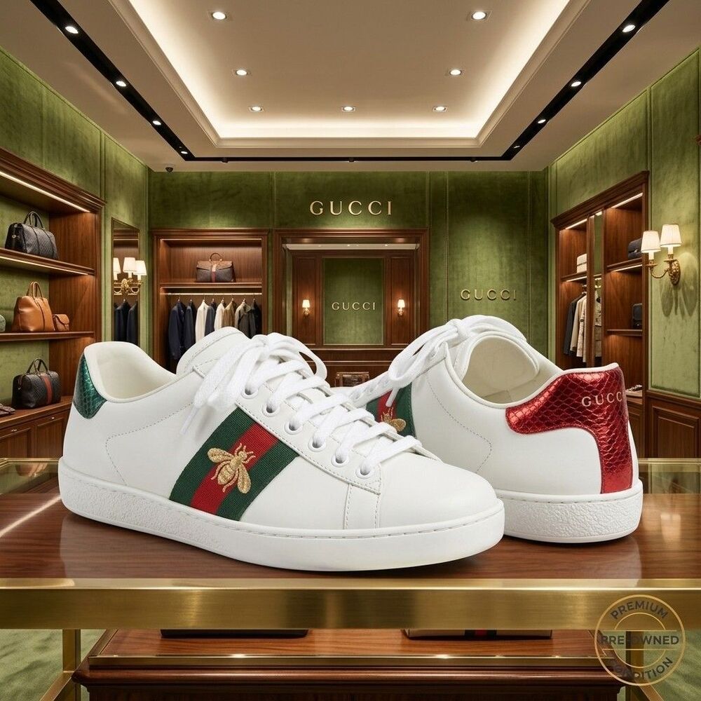 Gucci Ace Bee White Leather Sneakers EU 39 US Men 6 Women 8 Authentic 498916